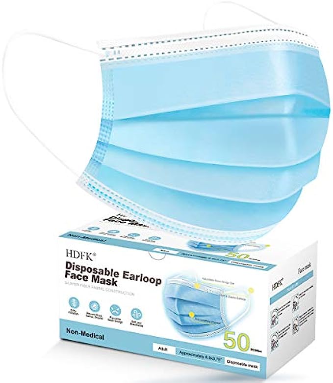 Face Mask Disposable Adults 3Ply Non-Woven with Nose Clip Ear Loop Blue 50Pack